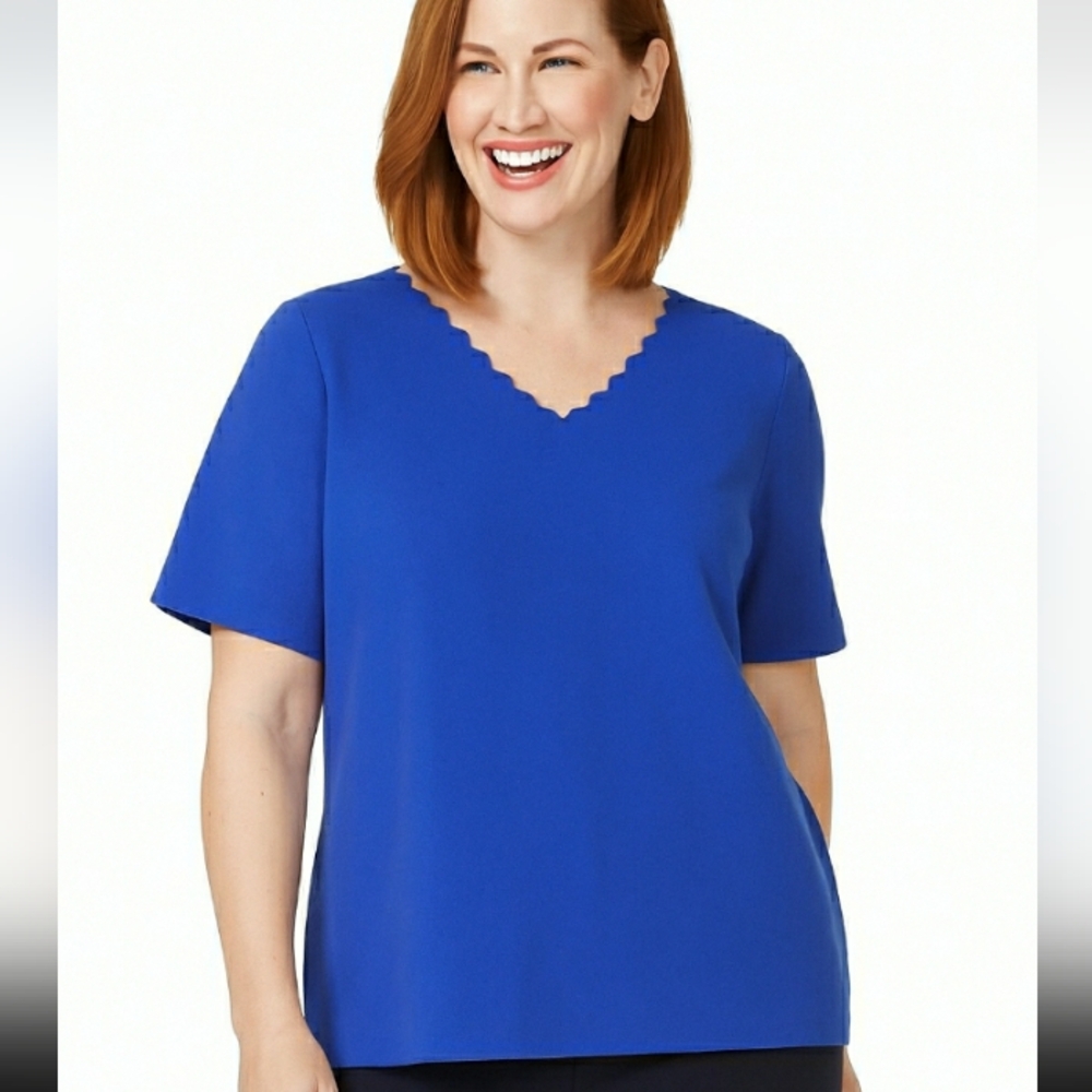 Talbots Blue V-Neck Knitted Short Sleeve Stretchy Top Plus Size 1X